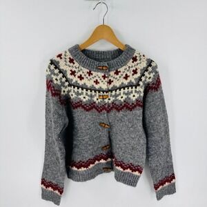 Line and Dot Fair Isle Toggle Button Cardigan Sweater Size S Scandi Granola Ski